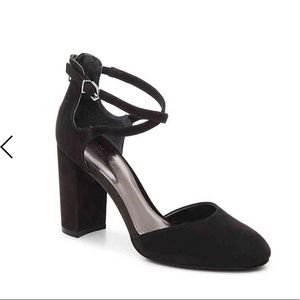 Black suede block pumps